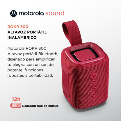 Zijaanzicht van de rode Motorola ROKR 300 Bluetooth-luidspreker met draagriem.