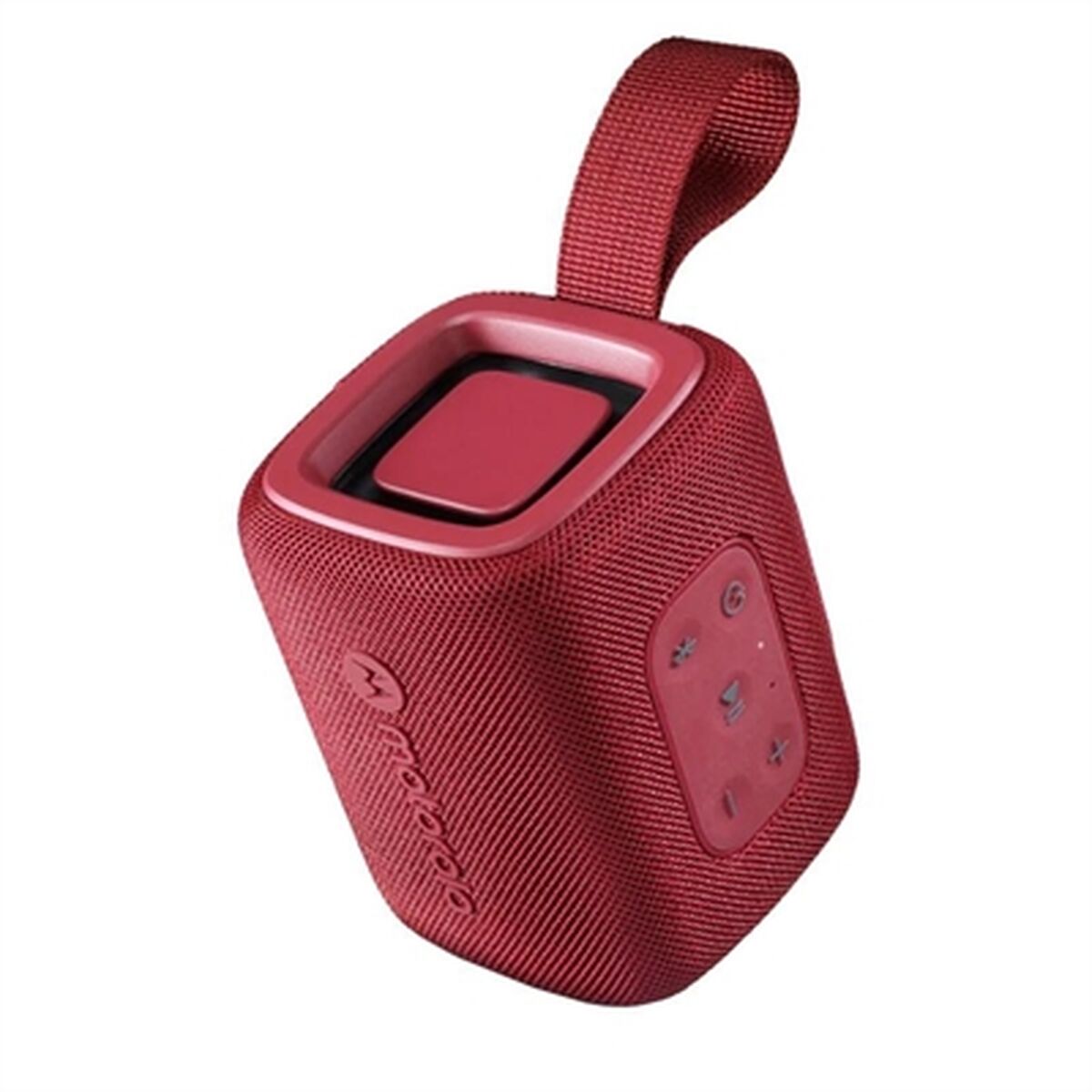 Rode Motorola ROKR 300 Bluetooth-luidspreker met stevige grip en knoppen aan de zijkant.