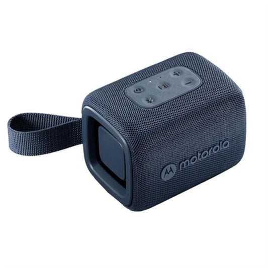 Motorola ROKR 300 Bluetooth-luidspreker in blauw met bedieningselementen en draagriem.