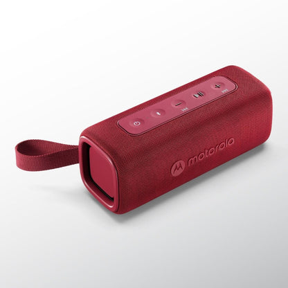 Rode Motorola ROKR 600 Bluetooth luidspreker met bedieningselementen aan de bovenkant.