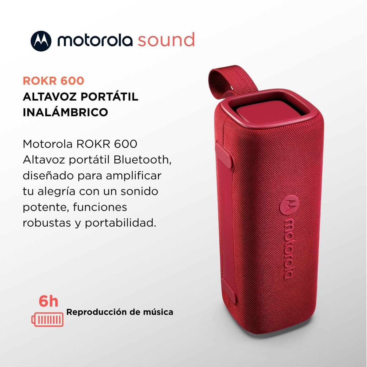 Rode Motorola ROKR 600 Bluetooth-luidspreker met handvat en stevige behuizing.