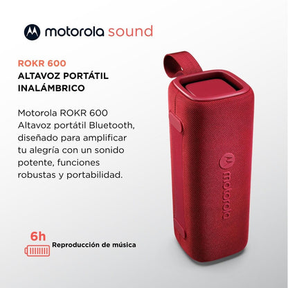 Rode Motorola ROKR 600 Bluetooth-luidspreker met handvat en stevige behuizing.