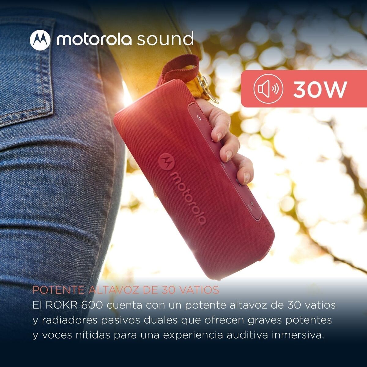 Detail van de Motorola ROKR 600 luidspreker in rood, zijaanzicht met bedieningselementen.
