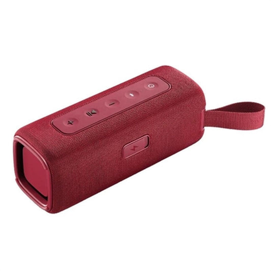 Rode Motorola ROKR 600 Bluetooth luidspreker met bedieningsknoppen aan de bovenkant.