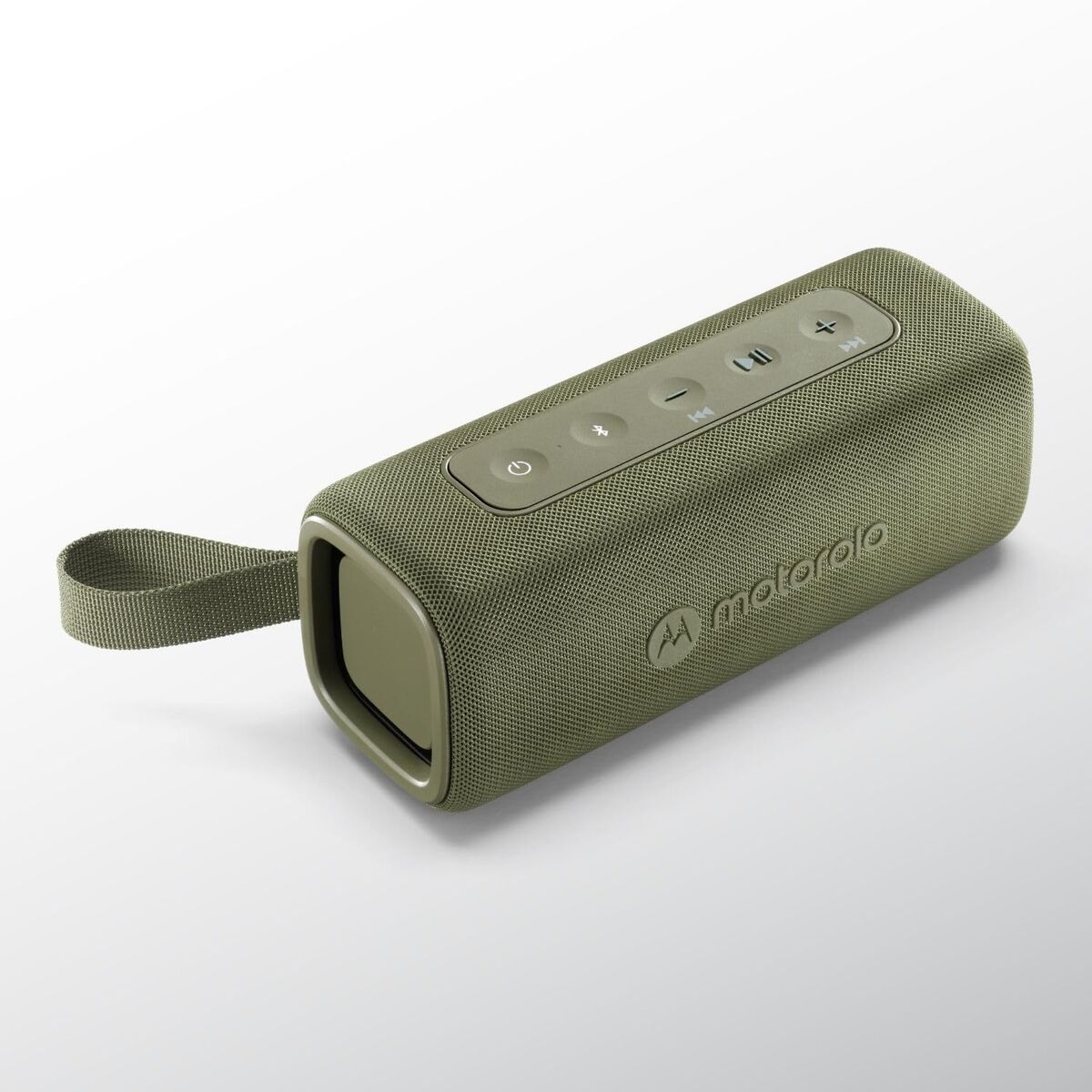 Detail van de groene Motorola ROKR 600 Bluetooth-luidspreker met knoppen en draagriem.