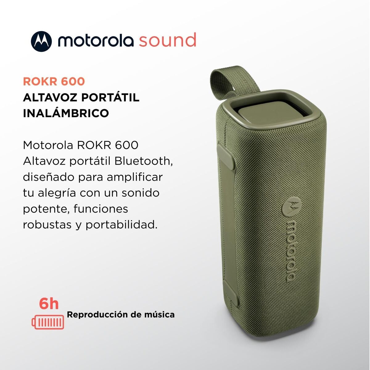 Detail van de Motorola ROKR 600 Bluetooth luidspreker in groen met draaghandvat.
