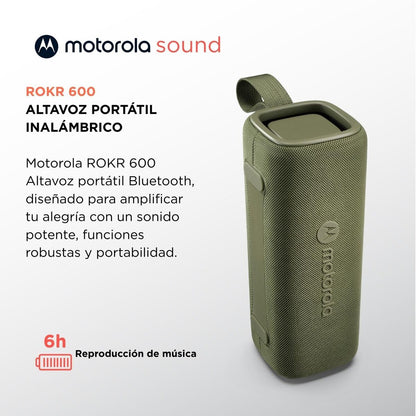 Detail van de Motorola ROKR 600 Bluetooth luidspreker in groen met draaghandvat.