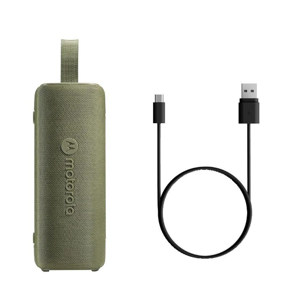 Detail van de groene Motorola ROKR 600 luidspreker met USB-C oplaadkabel.