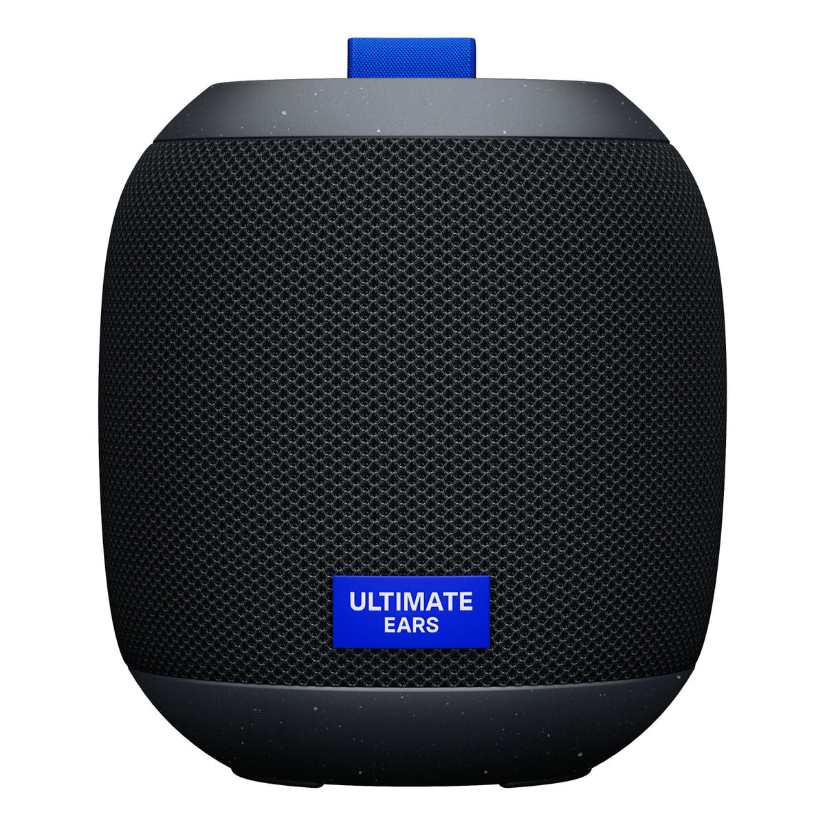 Detail van de Logitech WONDERBOOM PLAY luidspreker in zwart, met blauwe bevestigingslus.