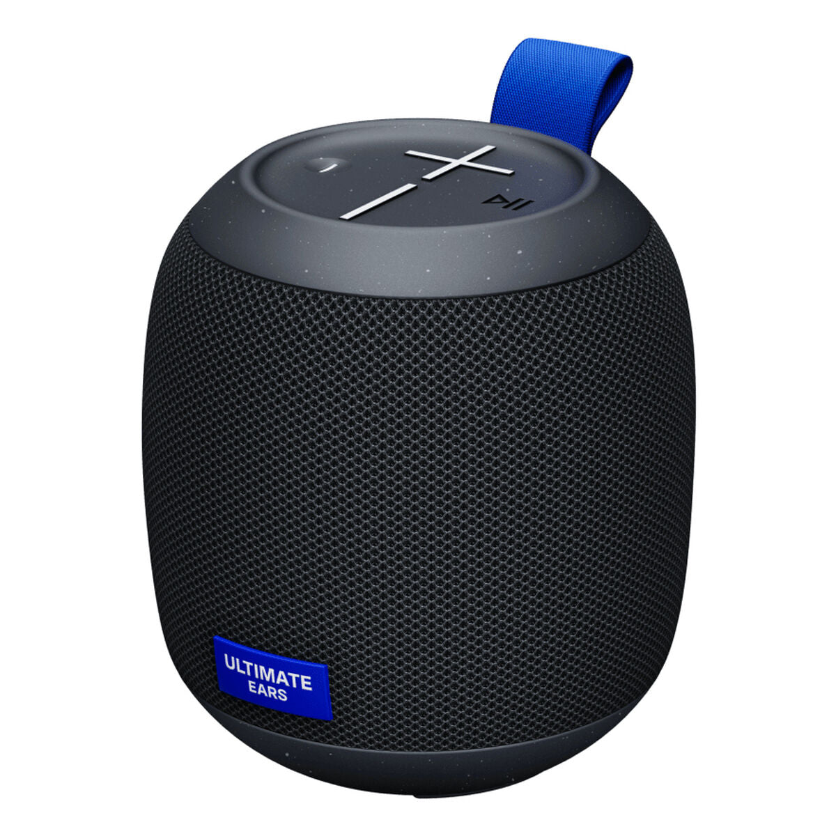 Detail van de Logitech WONDERBOOM PLAY luidspreker in zwart met blauwe handgreep.