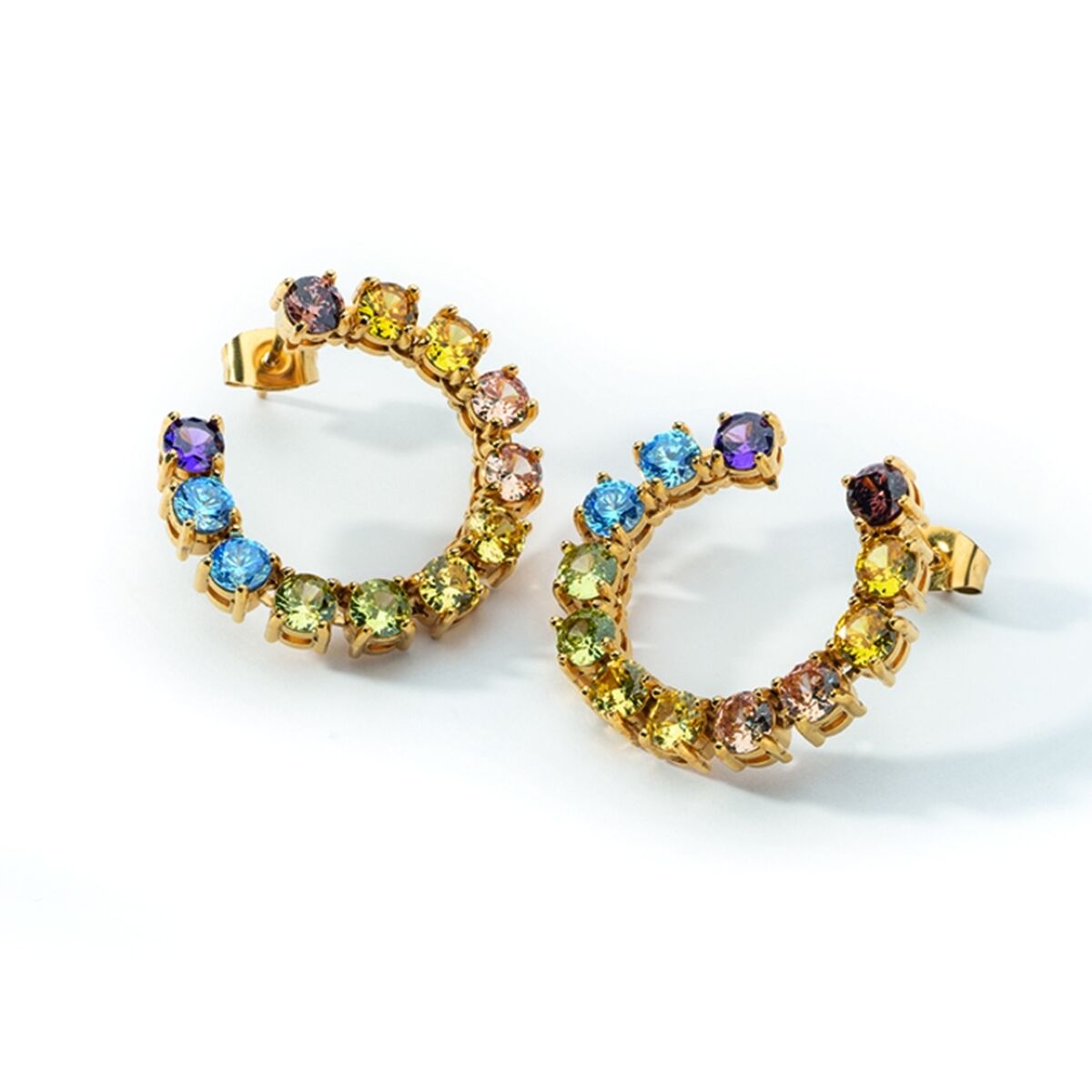 Gouden AN Jewels oorbellen met kleurrijke stenen, elegant en opvallend ontwerp.