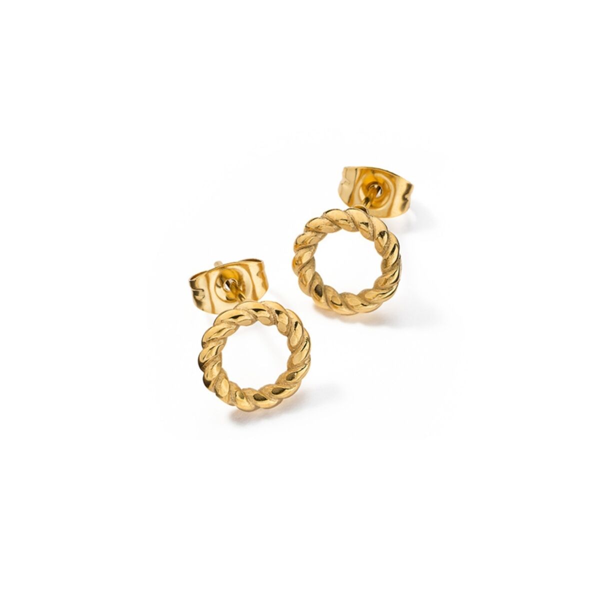 Gouden AN Jewels oorbellen met een trendy, gedraaide ontwerp en sluiting.