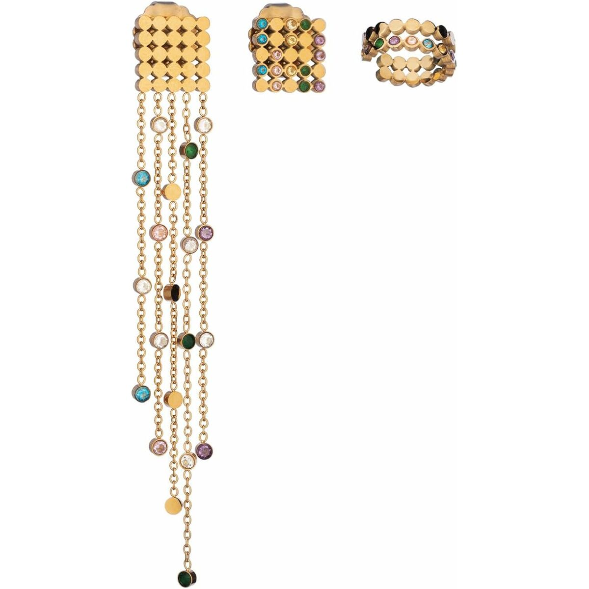 Gouden AN Jewels oorbellen met kleurrijke edelstenen en elegante hangers.