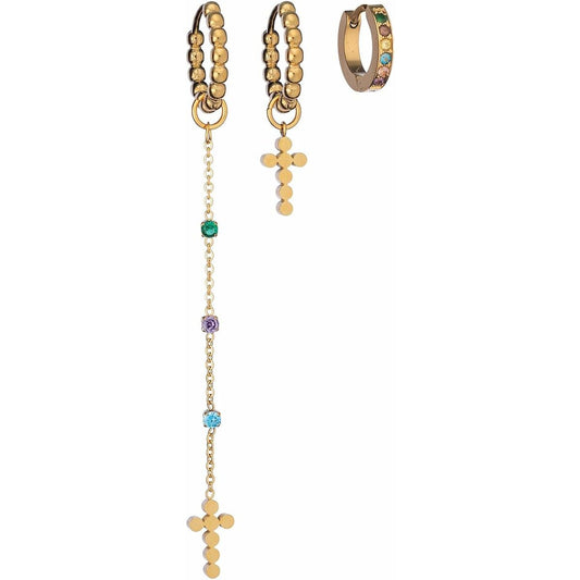 Gouden AN Jewels oorbellen met moderne hangers en kleurrijke stenen.