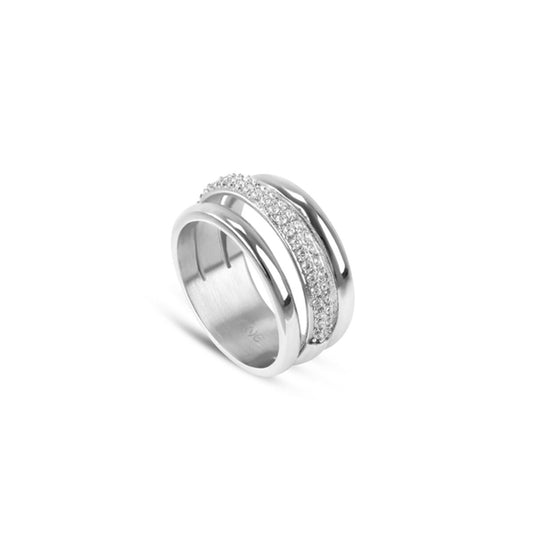 Zilverkleurige One Jewels ring met elegante dubbele band en sprankelende details.