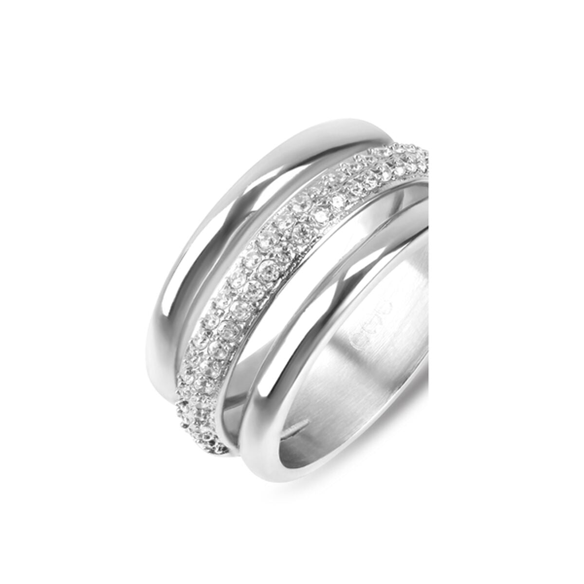 Zijaanzicht van de elegante zilverkleurige One Jewels ring met sprankelende details.