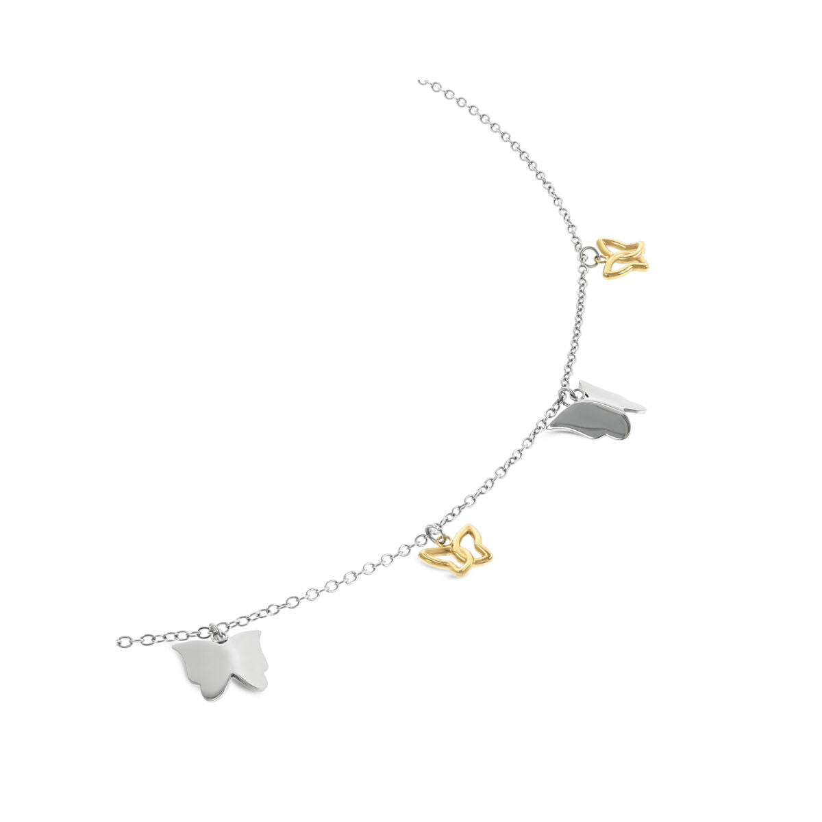 Detail van de zilverkleurige One Jewels ketting met elegante vlinderbedels.