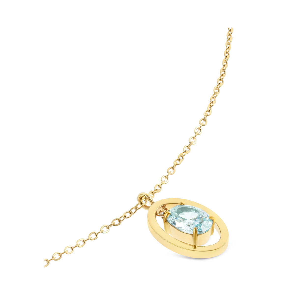 Detail van de One Jewels gouden ketting met een elegante blauwe steen.