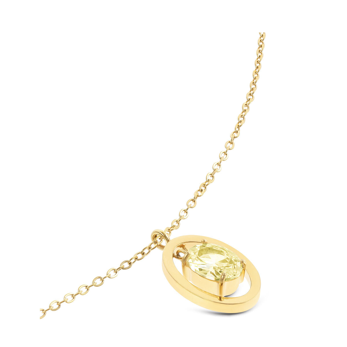 Close-up van de gouden One Jewels ketting met een geel edelsteen in een elegante setting.