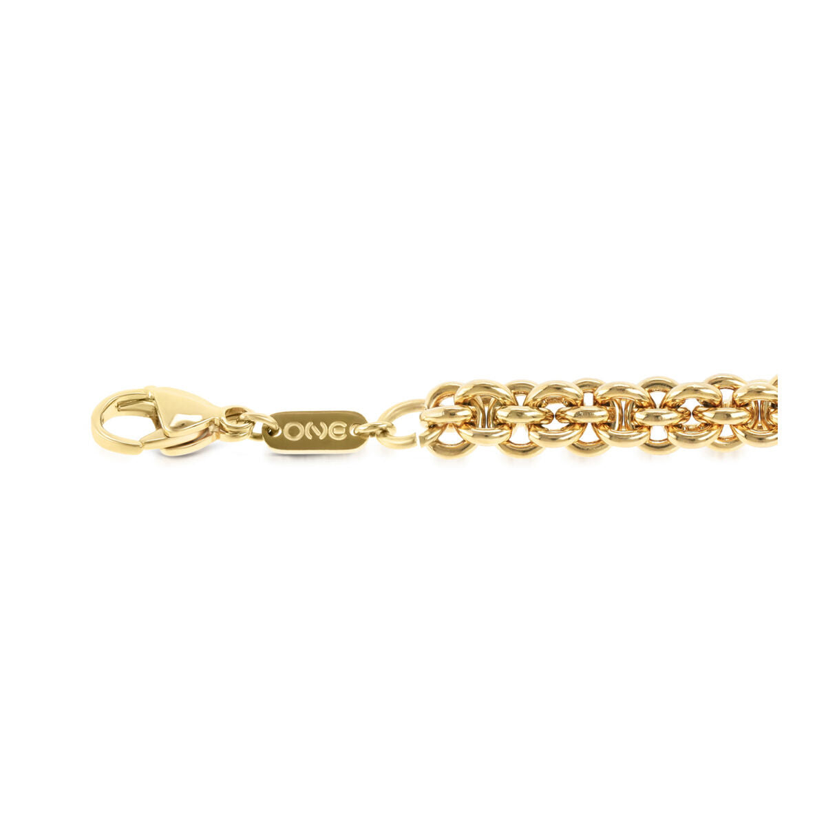 Detail van de gouden One Jewels armband met sluiting en merklogo.