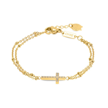 Gouden One Jewels armband met een elegante kruisvorm en sprankelende details.
