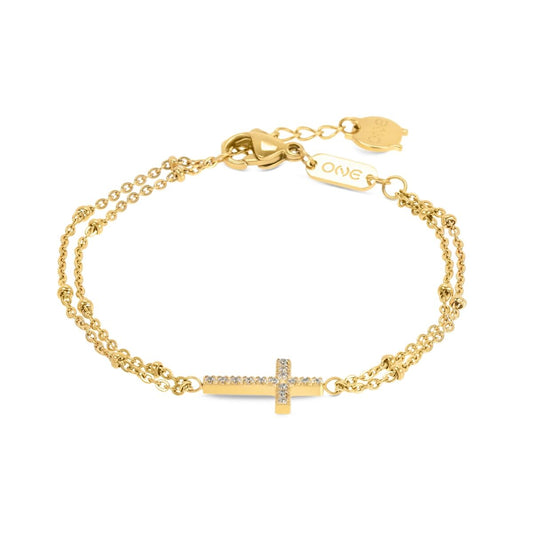 Gouden One Jewels armband met een elegante kruisvorm en sprankelende details.