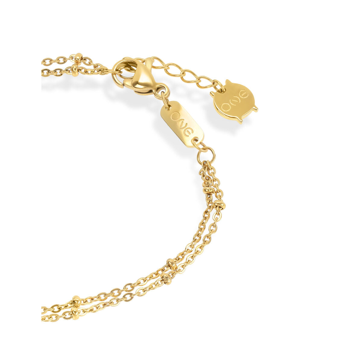 Detail van de gouden One Jewels armband met sluiting en schakels.