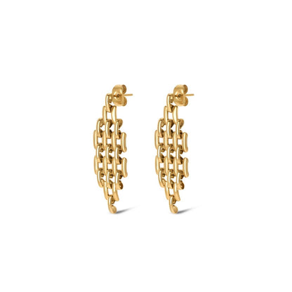 Gouden One Jewels oorbellen met elegant ontwerp en unieke kettingstructuur.