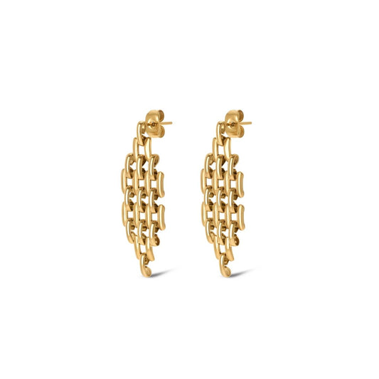Gouden One Jewels oorbellen met elegant ontwerp en unieke kettingstructuur.