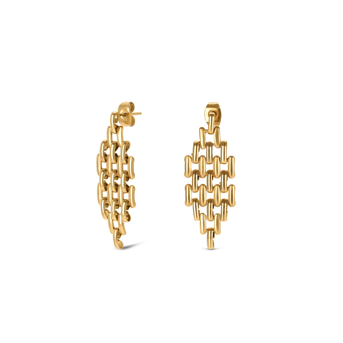 Detail van de gouden One Jewels oorbellen met elegant ontwerp en unieke structuur.