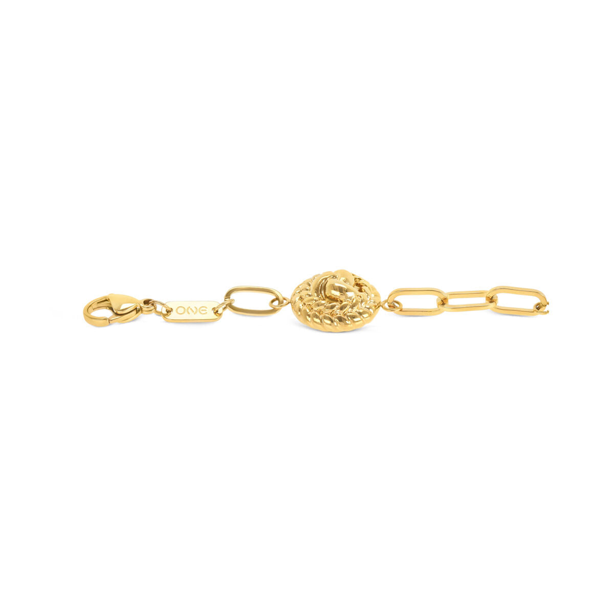 Detail van de One Jewels gouden armband met een elegante sluiting en schakels.