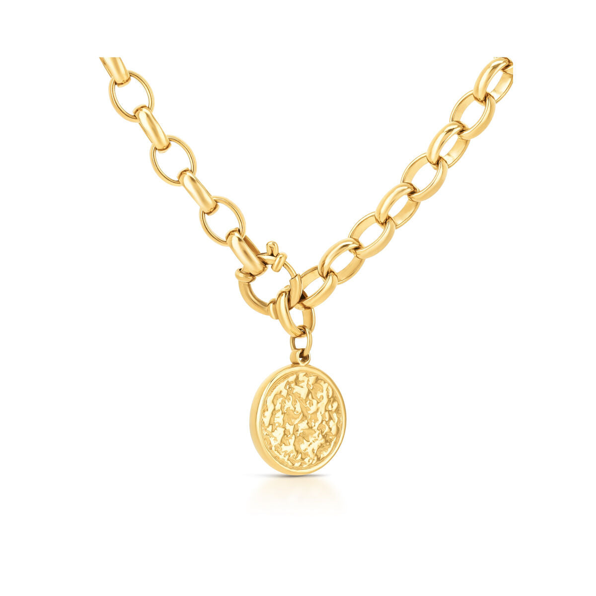Detail van de gouden ketting van One Jewels met een ronde, gestructureerde hanger.