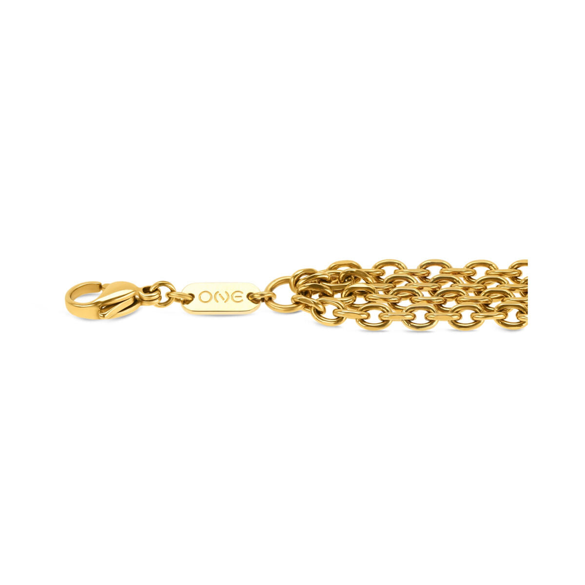 Detail van de gouden One Jewels armband met sluiting en merklabel.