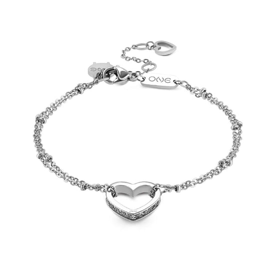 Zilverkleurige One Jewels armband met hartvormige hanger en glinsterende details.