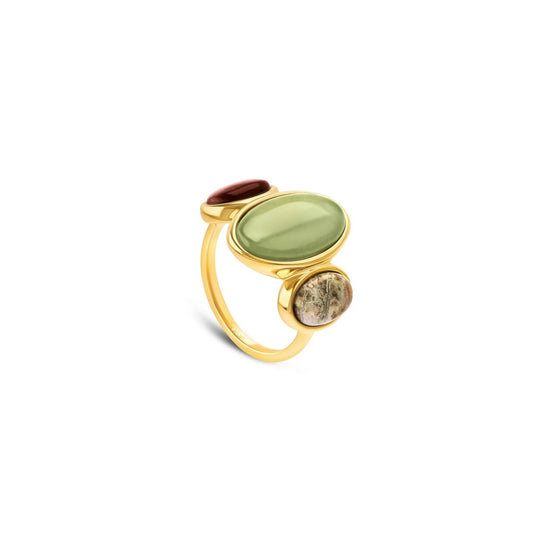 Gouden One Jewels ring met drie edelstenen in verschillende kleuren.