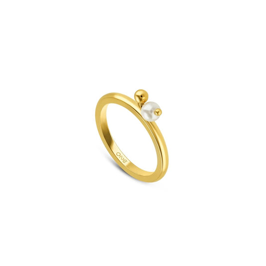 Gouden One Jewels ring voor dames met twee elegante bollen, zijaanzicht.