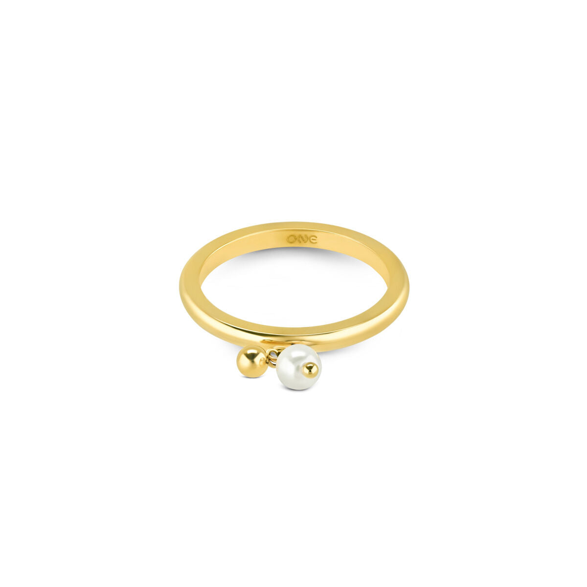 Detail van de One Jewels gouden ring met twee bollen, elegant en modern ontwerp.