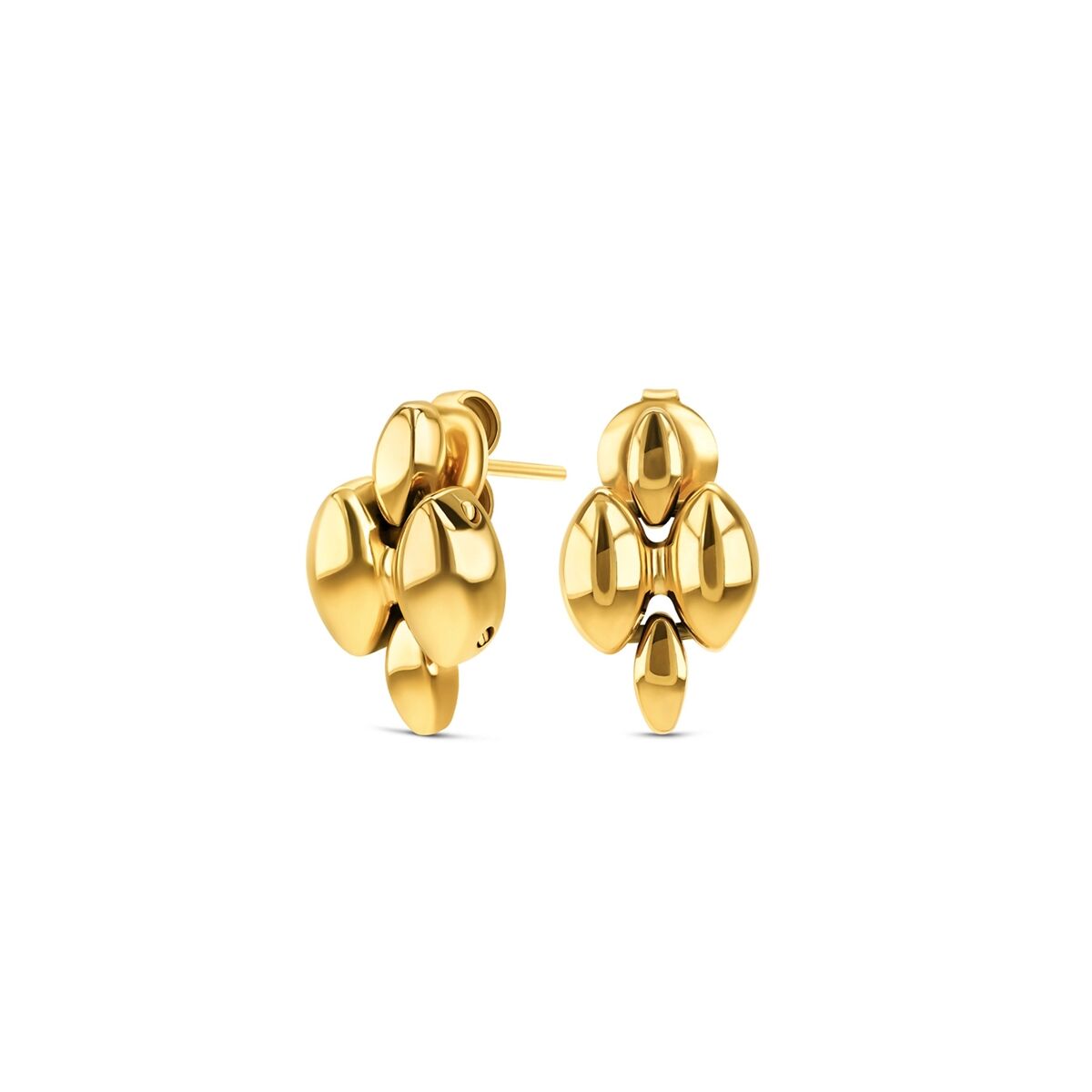 Gouden One Jewels oorbellen met elegante glans en unieke, bloemachtige vorm.