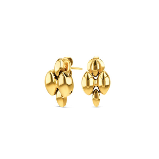 Gouden One Jewels oorbellen met elegante glans en unieke, bloemachtige vorm.