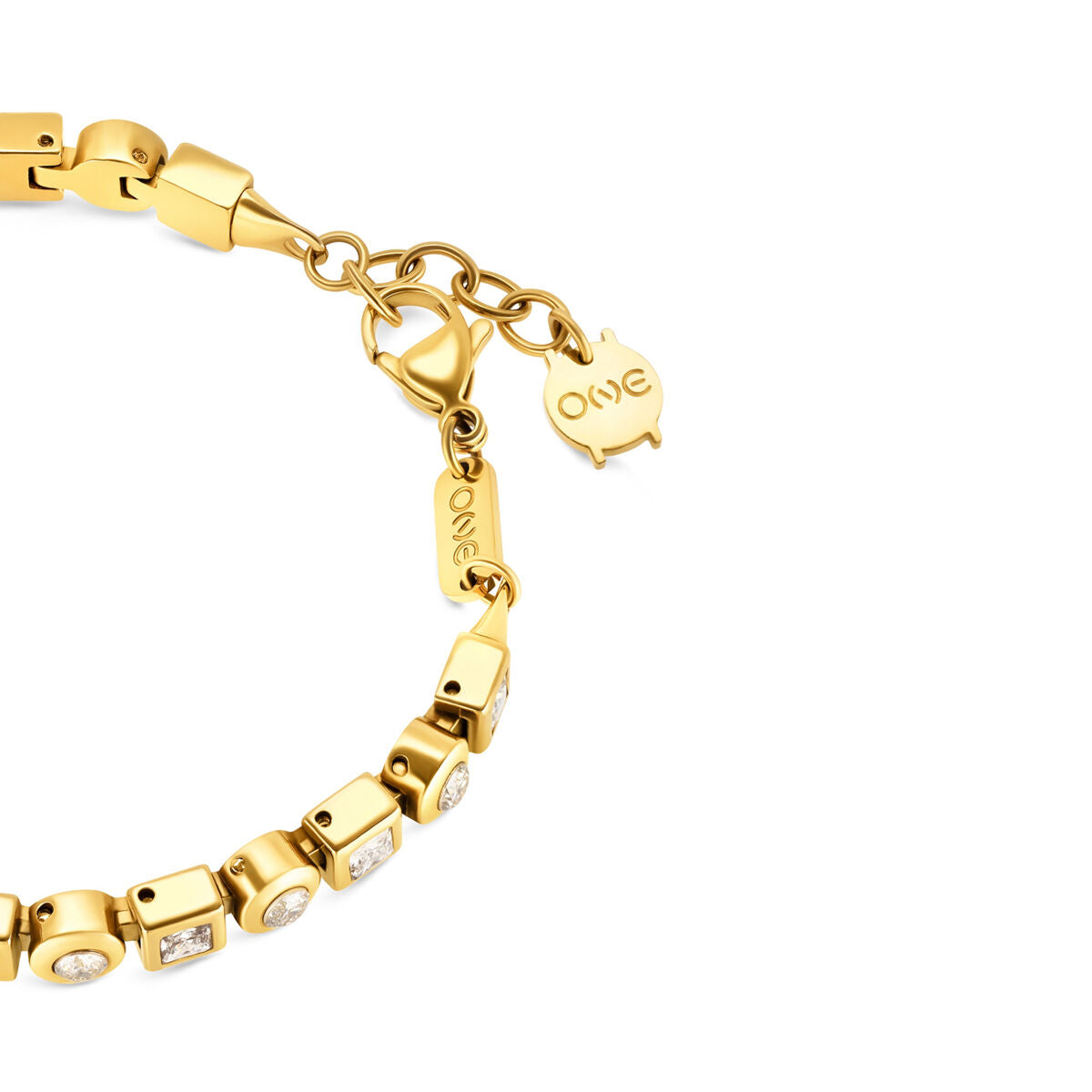 Detail van de One Jewels armband met gouden schakels en sprankelende stenen.