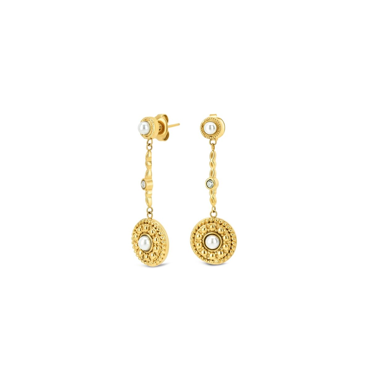 Gouden One Jewels oorbellen met elegante hangende schijven en pareldetails.