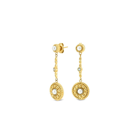 Gouden One Jewels oorbellen met elegante hangende schijven en pareldetails.