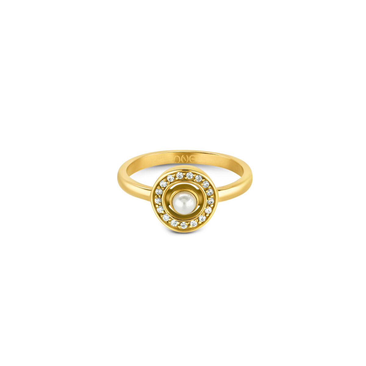 Detail van de One Jewels Ring in goud met parel en sprankelende steentjes.