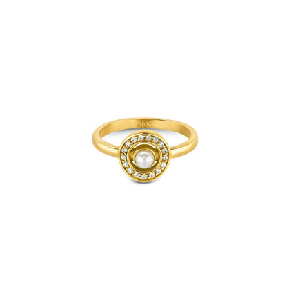 Detail van de One Jewels Ring in goud met parel en sprankelende steentjes.