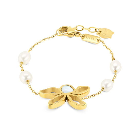 Gouden One Jewels armband met elegante bloem en parels, subtiel en stijlvol ontwerp.