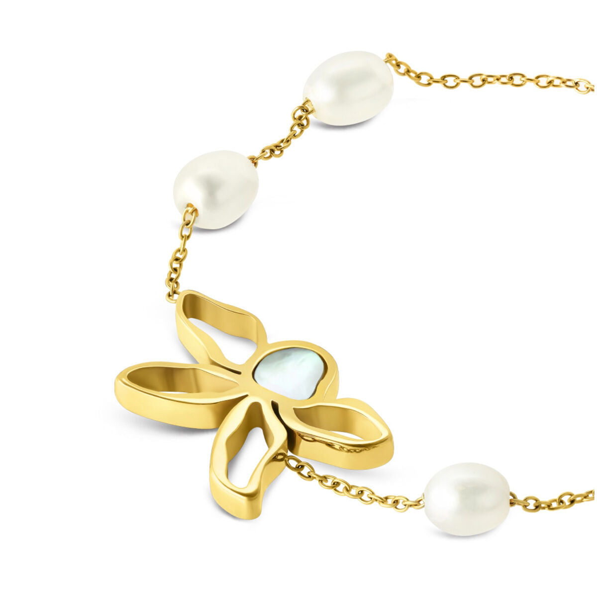 Detail van de gouden One Jewels armband met parels en een bloemvormig ontwerp.