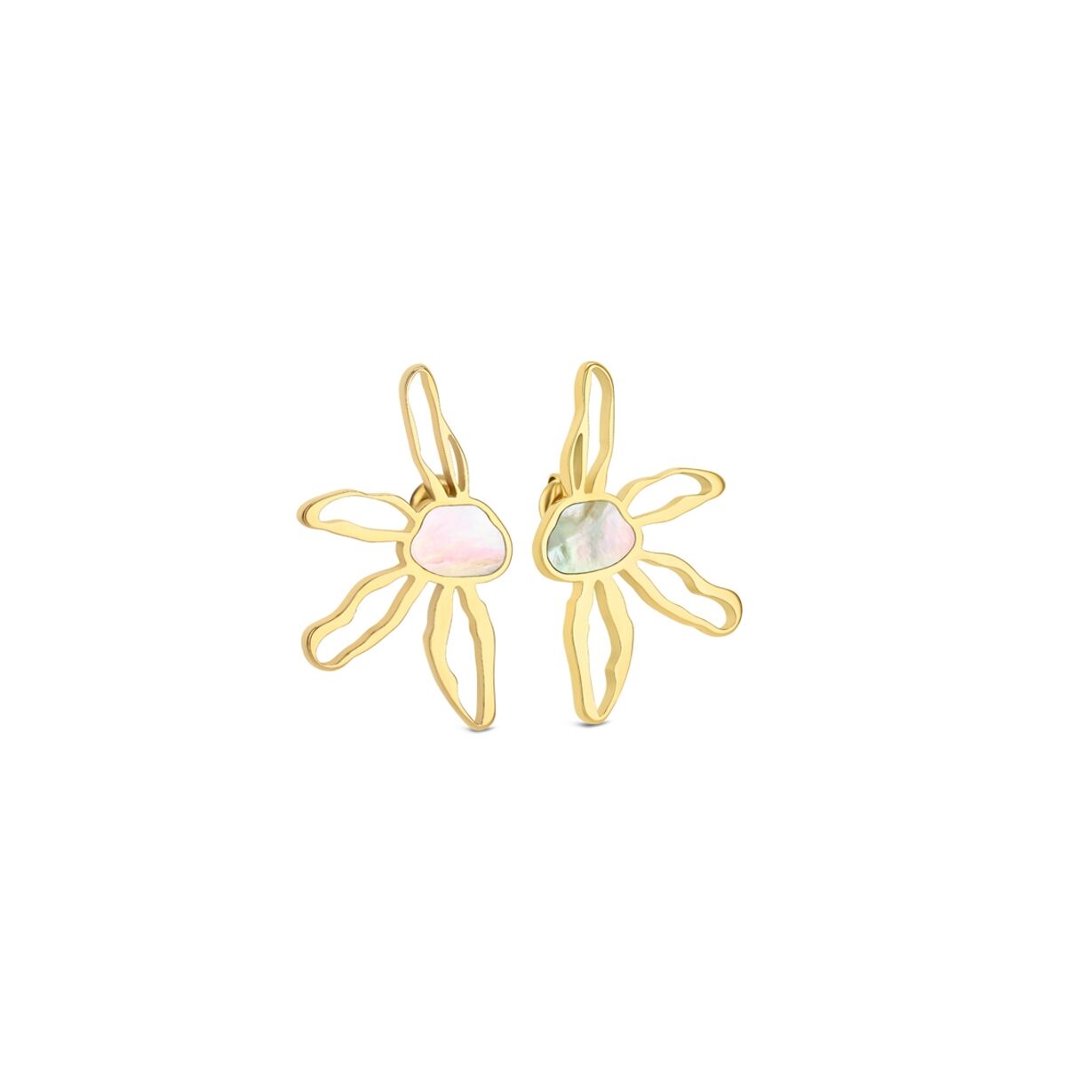 Gouden One Jewels oorbellen met elegante, bloemachtige vorm en parelmoer details.