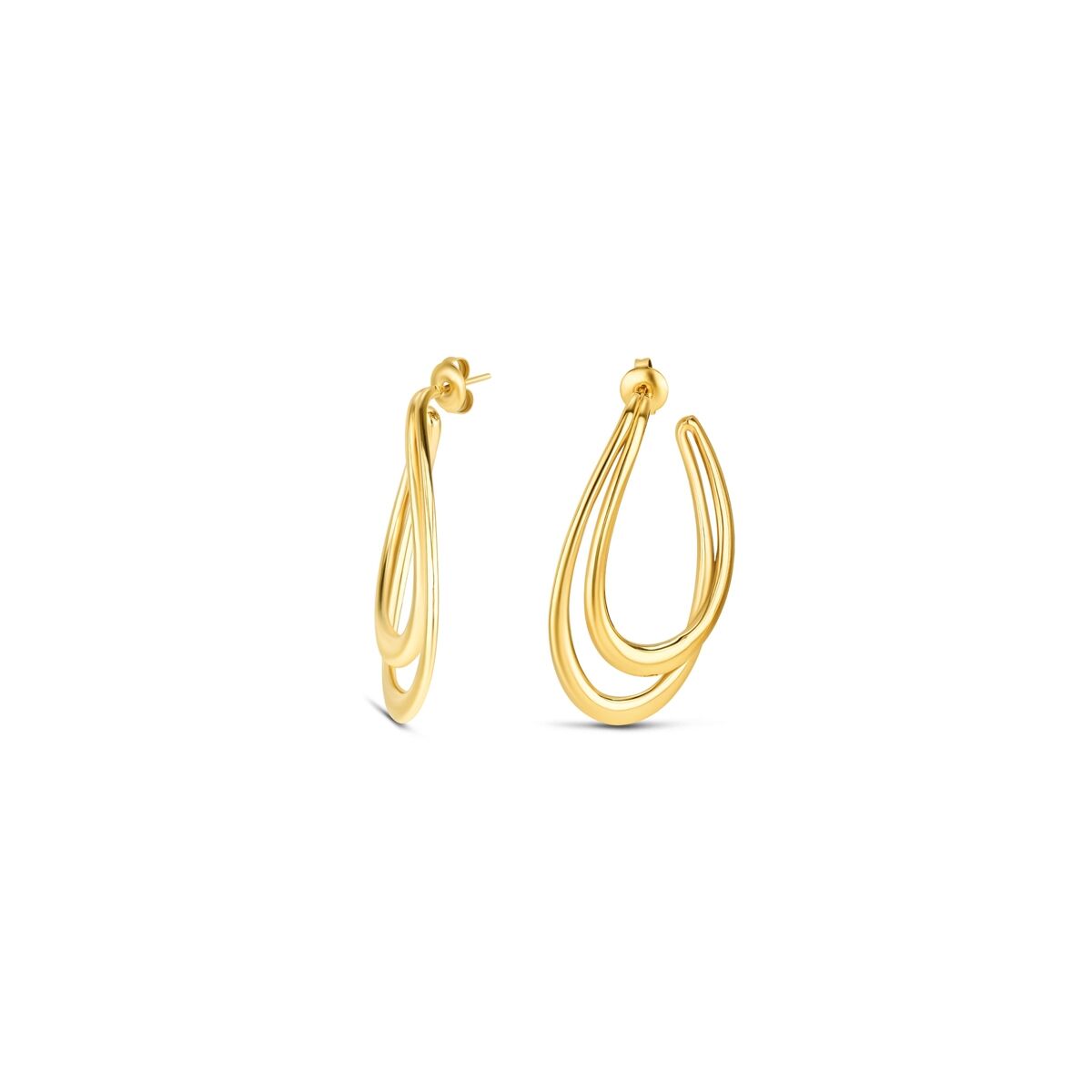 Gouden One Jewels oorbellen met elegant ontwerp en vloeiende lijnen.