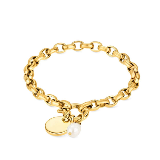 Gouden One Jewels armband met elegante schakels en een parel detail.