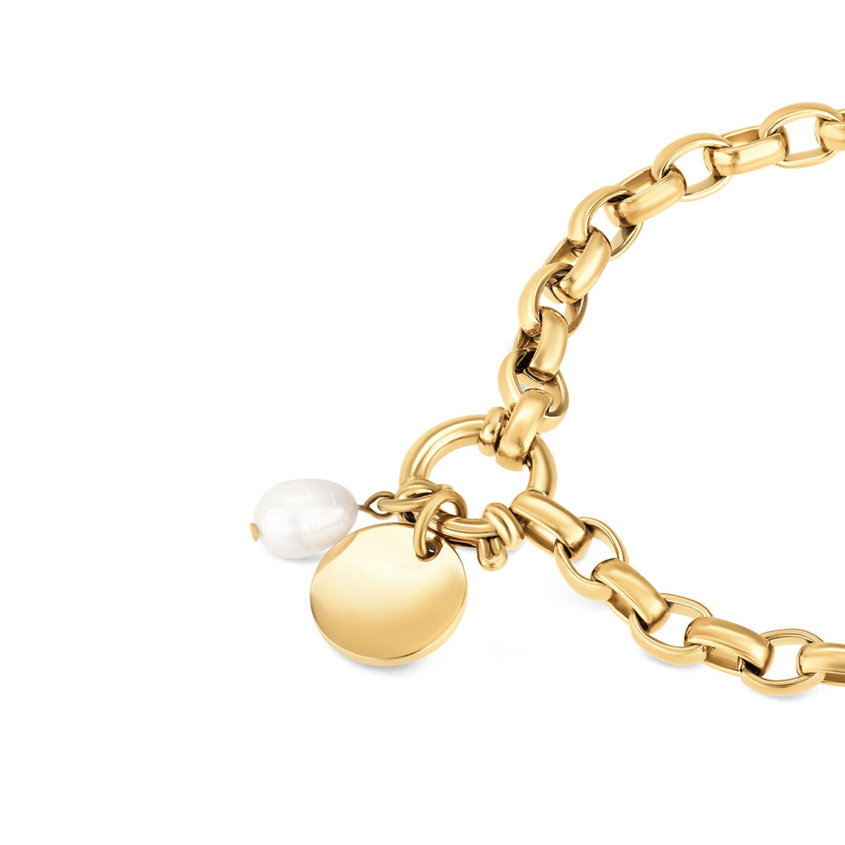 Detail van de One Jewels gouden armband met een parel en ronde hanger.